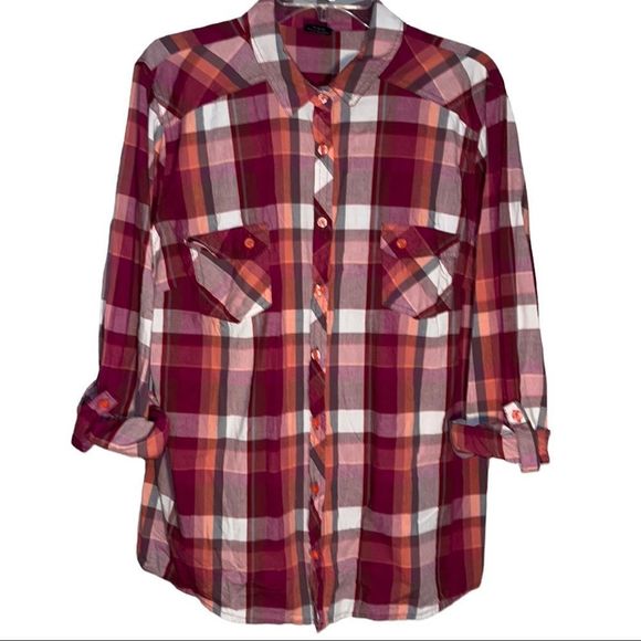 Faded Glory Tops - Faded Glory Plaid Button Down Blouse Roll Tab Sleeve’s Women’s Size XL